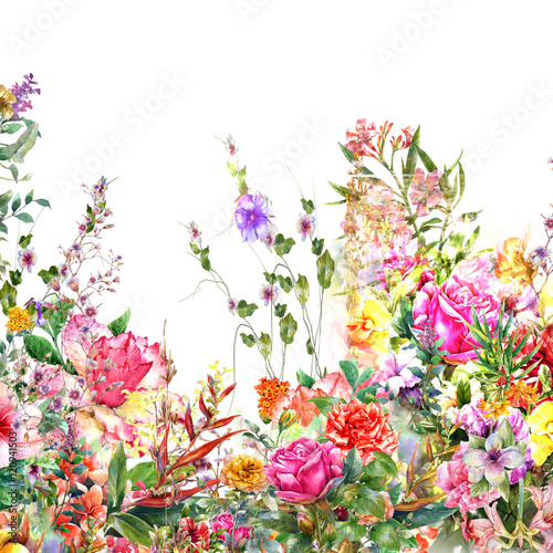 Abstract flowers watercolor painting. Spring multicolored flowers on white background