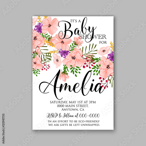 Baby shower invitation template with watercolor tropical flower wreath