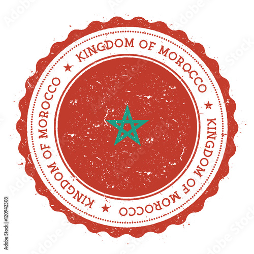 Grunge rubber stamp with Morocco flag. Vintage travel stamp with circular text, stars and national flag inside it. Vector illustration.