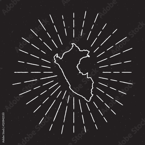 Peru vector map outline with vintage sunburst border. Hand-drawn map with hipster decoration element. Radiant light rays around country map on black background.