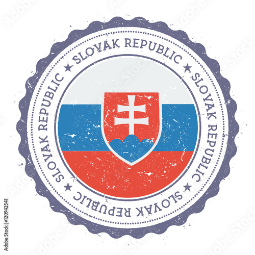 Grunge rubber stamp with Slovakia flag. Vintage travel stamp with circular text, stars and national flag inside it. Vector illustration. photo