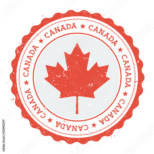 Grunge rubber stamp with Canada flag. Vintage travel stamp with circular text, stars and national flag inside it. Vector illustration.
