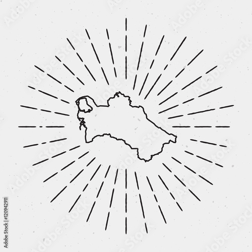 Vector Turkmenistan Map Outline with Retro Sunburst Border. Hand Drawn Hipster Decoration Element. Black Radiant Light Rays on White Background. photo