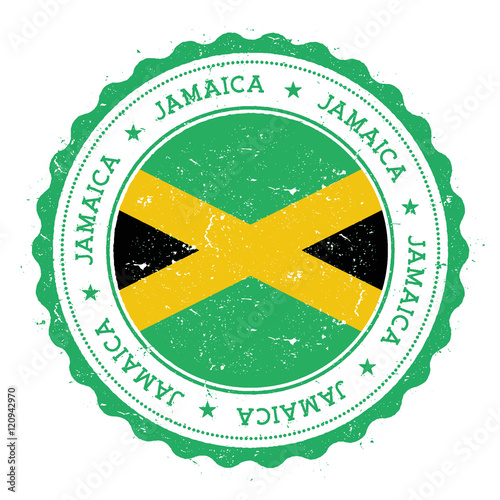 Grunge rubber stamp with Jamaica flag. Vintage travel stamp with circular text, stars and national flag inside it. Vector illustration.