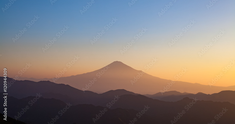 Beautiful sunrise time of Mountain Fuji in autumn season seen from Mountain Takayama , Shizuoka prefecture Beautiful sunrise time of Mountain Fuji in autumn season seen from Mountain Takayama , Shizuoka prefecture