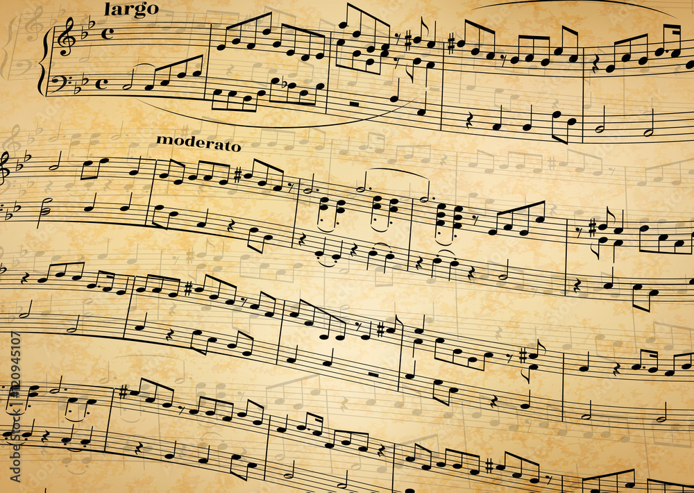 Music notes on stave, old paper background