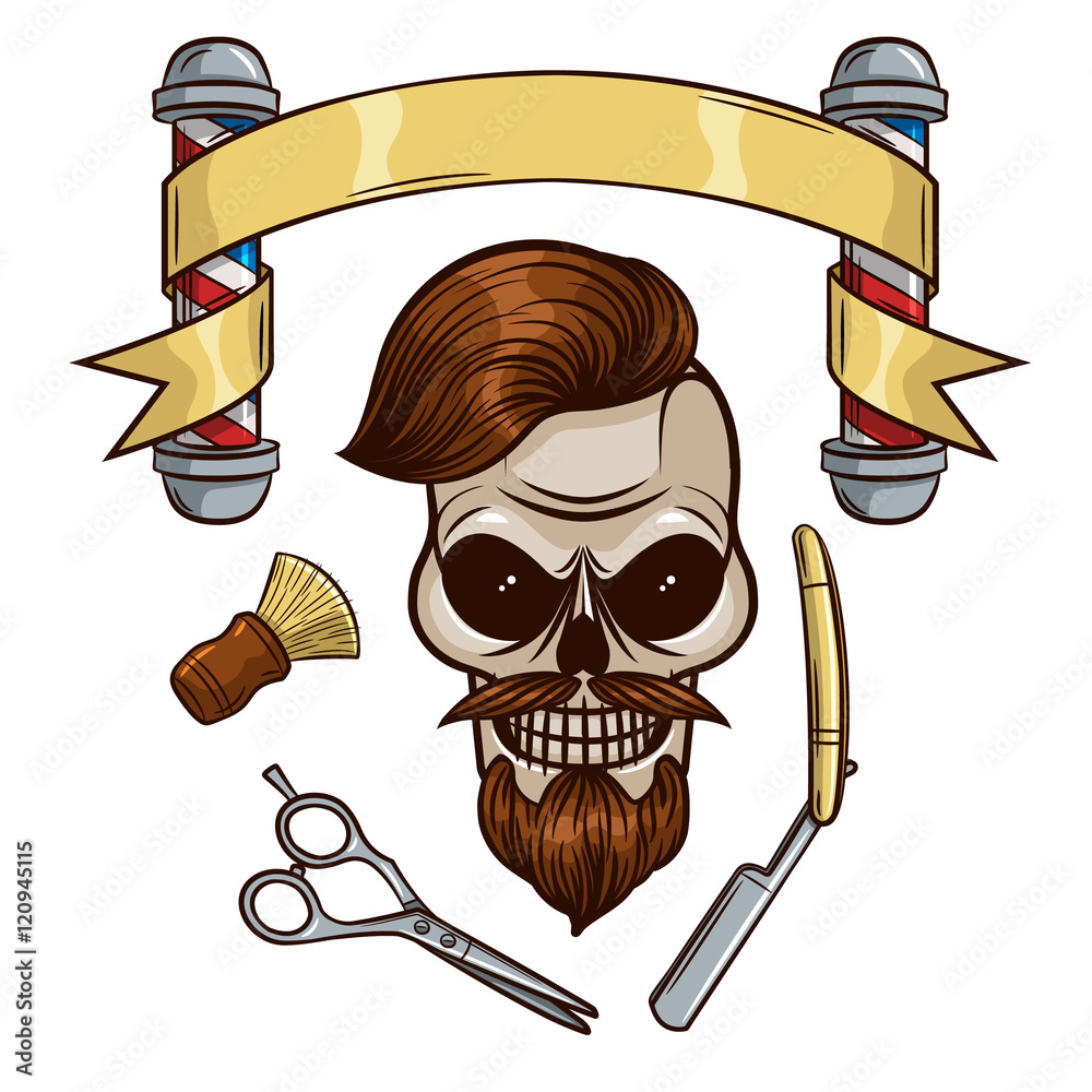 Set of vector elements for men's barber shop in hipster style. Skull in  hipster style. Cartoon character skull. Logo, sticker, print for men's barber  shop. Stock Illustration