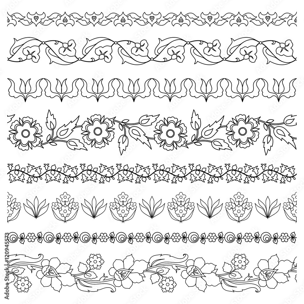 Black and white floral borders in folk style