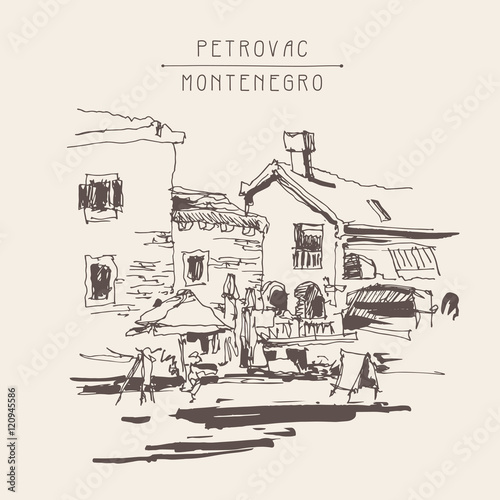 original sepia ink sketch drawing of ancient fort in Petrovac Mo