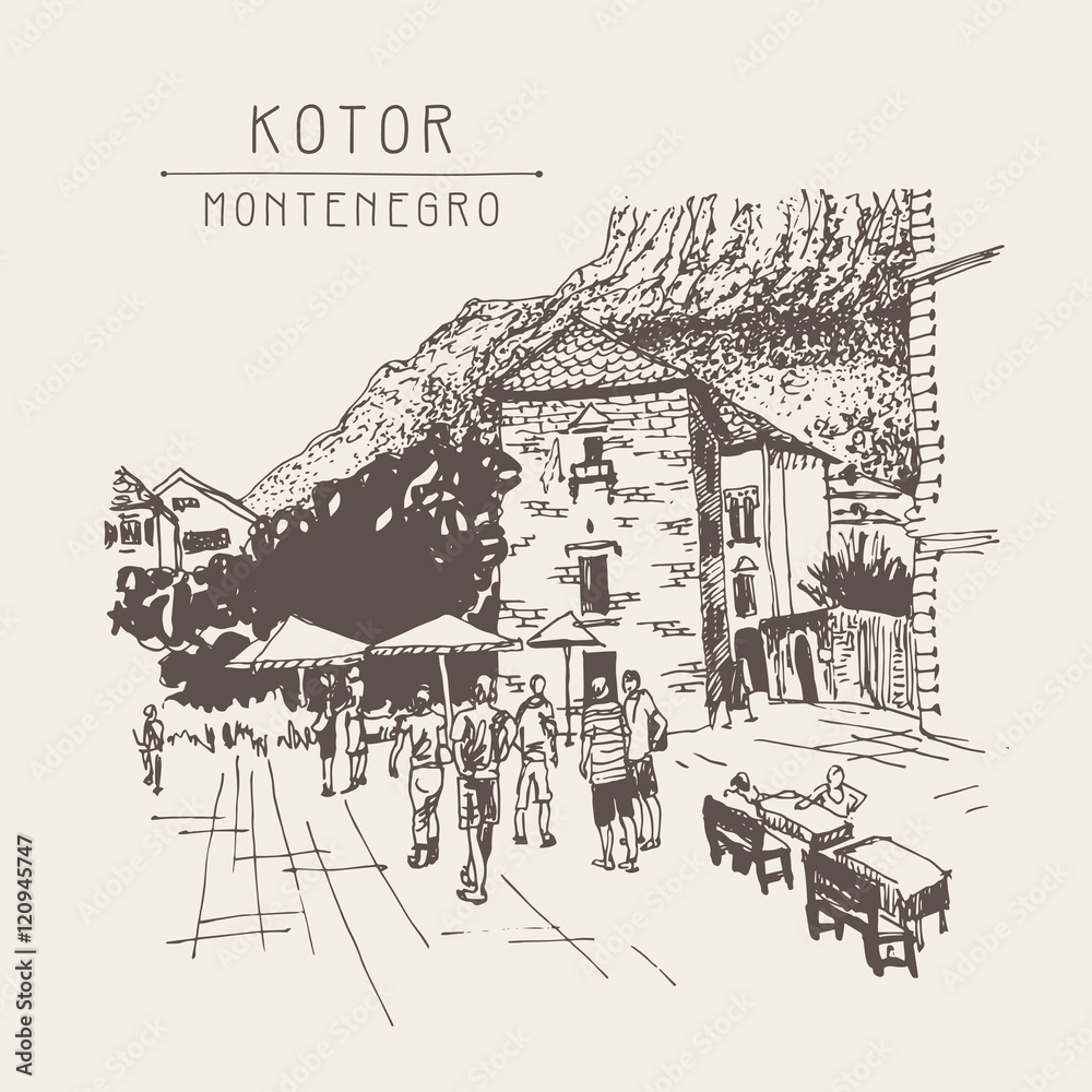 Fototapeta premium oryginalny szkic sepii rysunek ulicy Kotor - słynnego miejsca w