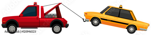 Tow truck pulling yellow taxi
