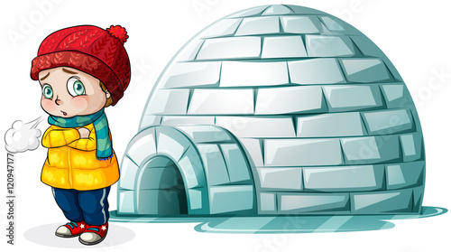 Boy standing in front of igloo