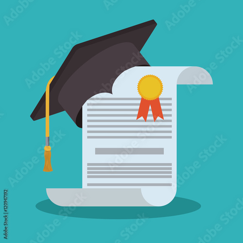 Graduation cap and diploma icon. University school and education theme. Blue background design. Vector illustration photo