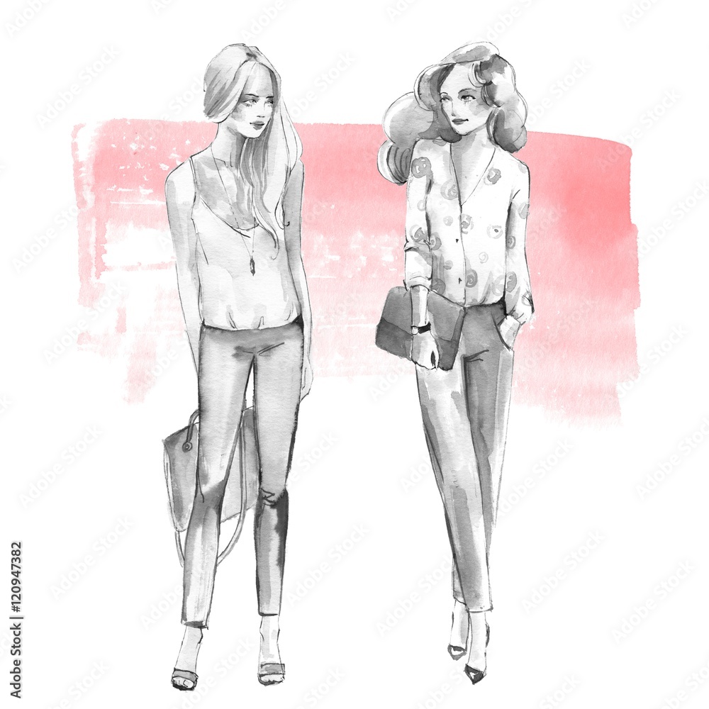 Street fashion 1. Girls. Black and white watercolor illustration on pink background