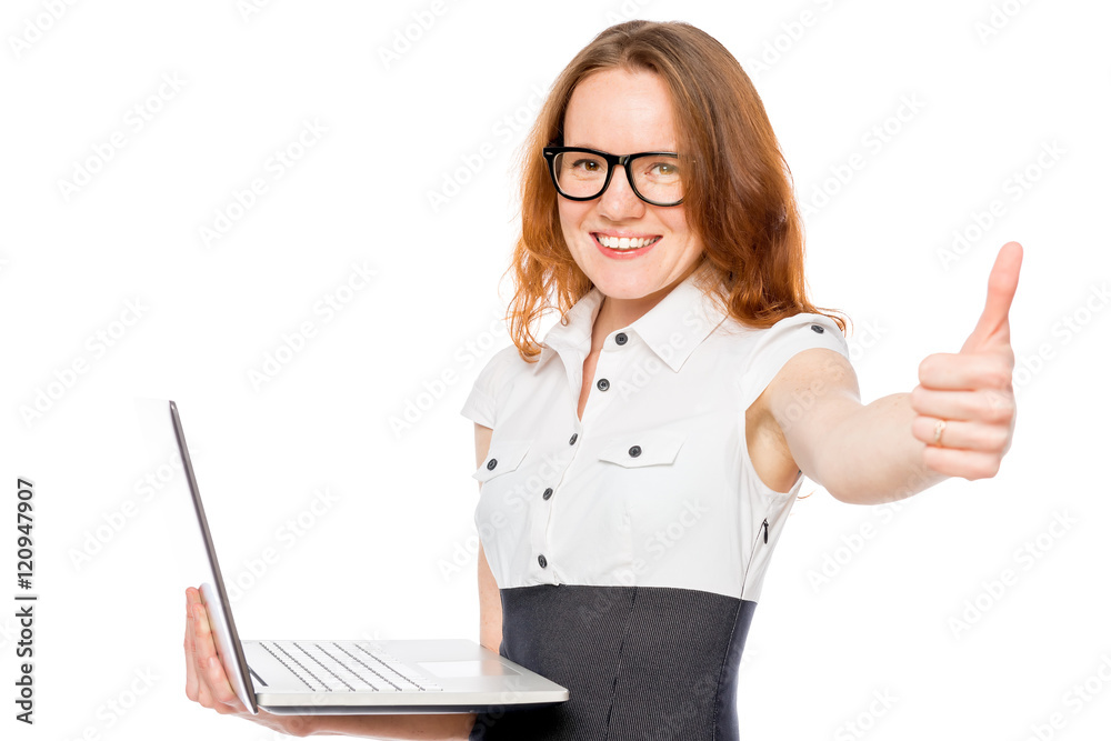 successful woman with a laptop holding a thumb up in isolation successful woman with a laptop holding a thumb up in isolation