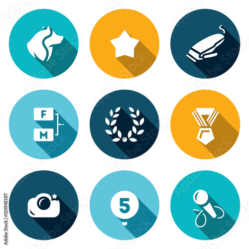 Vector Set of Dog Show Icons. Dog, Breed, Haircut, Pedigree, Glory, Victory, Photosession, Jury, Microphone.