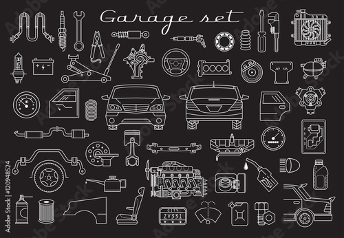 Garage. Vector car parts set outline details. Chalkboard. Isolated