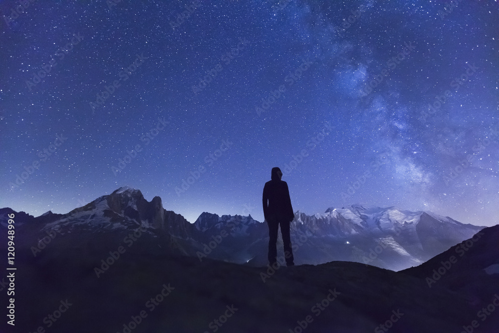 Person watching the stars above the Alps mountains range