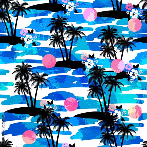 Hawaiian Aloha Shirt Seamless Background With Ocean  Hibiscus  Palms  iland. Summer Tropical Exotic Endless Texture.
