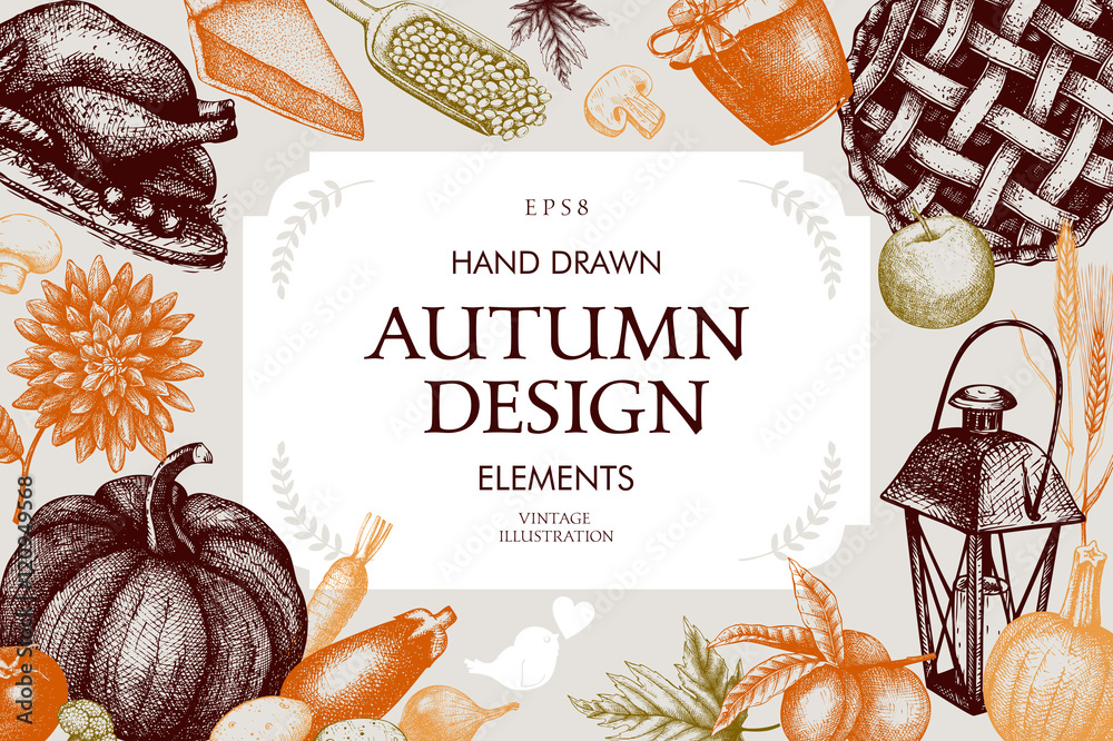 Vector frame for traditional autumn festival design. Hand drawn harvest ...