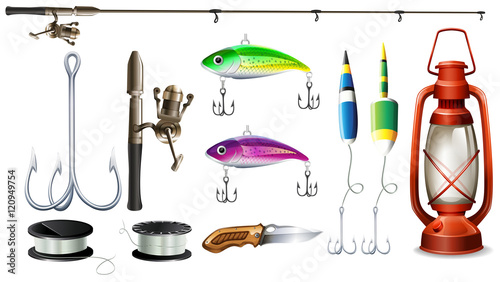 Fishing equipment with pole and hooks
