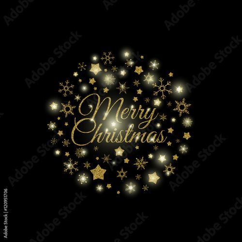 Vector golden Christmas ball illustration made with glittering stars, snowflakes and Merry Christmas typography.