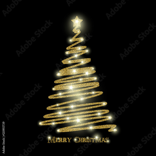 Vector golden Christmas tree illustration made with glittering stars and Merry Christmas typography.