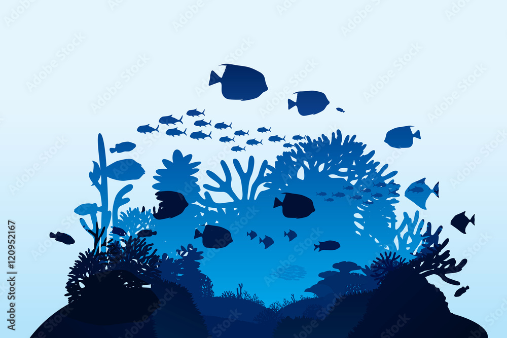 Naklejka premium Ilustracja wektorowa życia morskiego i koralowców na tle dna morskiego.