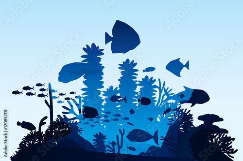 Vector illustration of sea life and coral on seabed background.