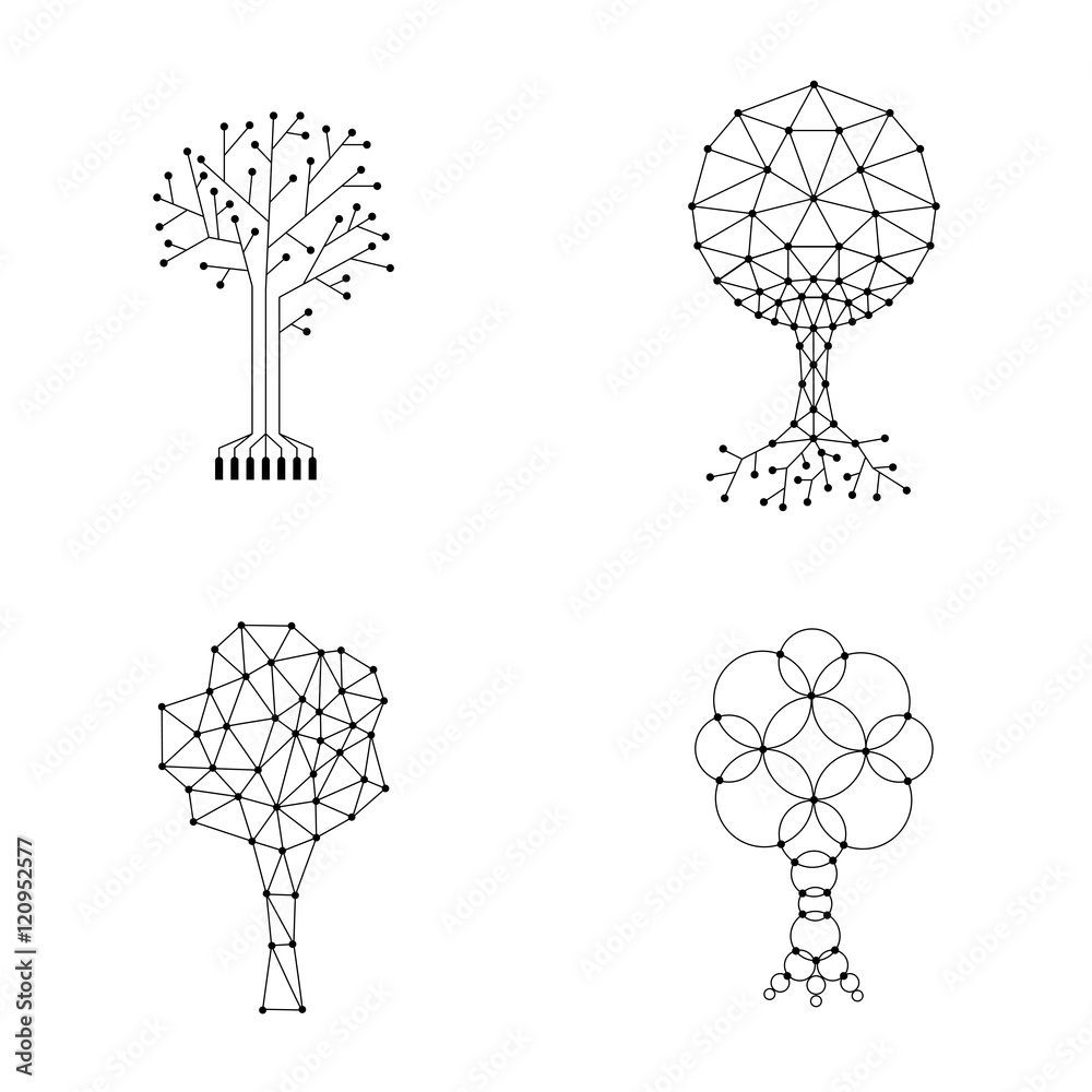 Vector set of trees made of connected dots