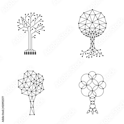 Vector set of trees made of connected dots