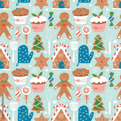 Christmas holiday cookies baking seamless pattern. Hand darwing