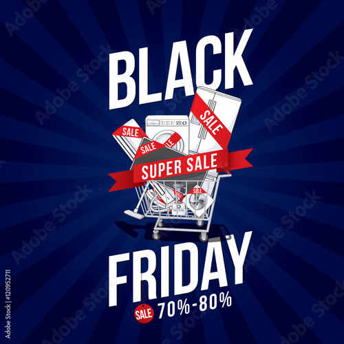 Black Friday Sale advertising poster for shopping electric appliance with discount 70%-80%. Vector illustration
