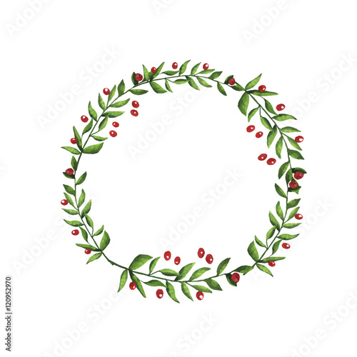 Green leaves and red berries garland painted by watercolor. Hand drawn vector illustration.