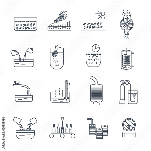 set of thin line icons beer production process