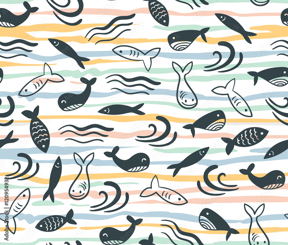 Fototapeta premium Seamless vector pattern with little cute fish cartoon. Surface design for fabric, wallpaper and wrapping paper.