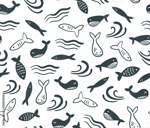 Seamless vector pattern with little cute fish cartoon. Surface design for fabric  wallpaper and wrapping paper.