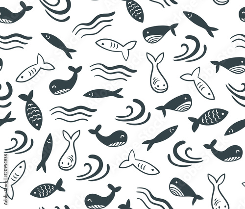 Wallpaper Mural Seamless vector pattern with little cute fish cartoon. Surface design for fabric, wallpaper and wrapping paper. Torontodigital.ca