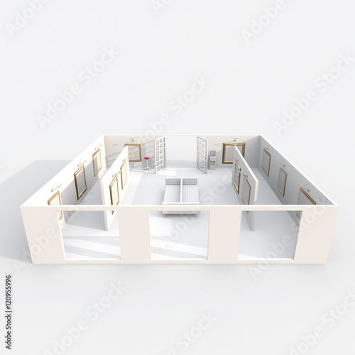 3d interior rendering of furnished museum with pictures on walls