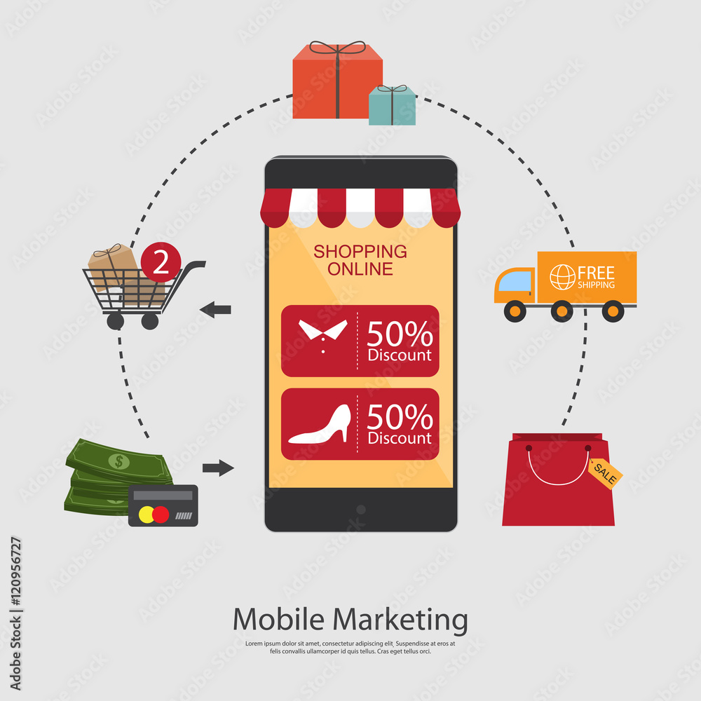 Naklejka premium Flat vector design with e-commerce and online shopping icons and elements for mobile story. Symbols of online shop, online payment, customer service and delivery