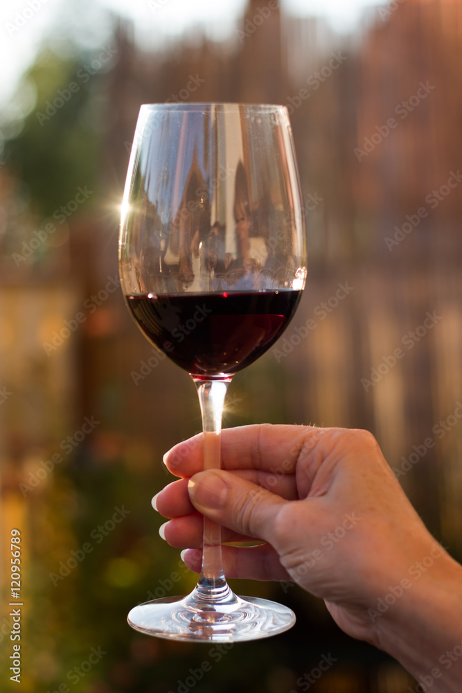 Weinglas in Frauenhand, Abendsonne