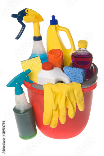 Bucket of cleaning supplies photo