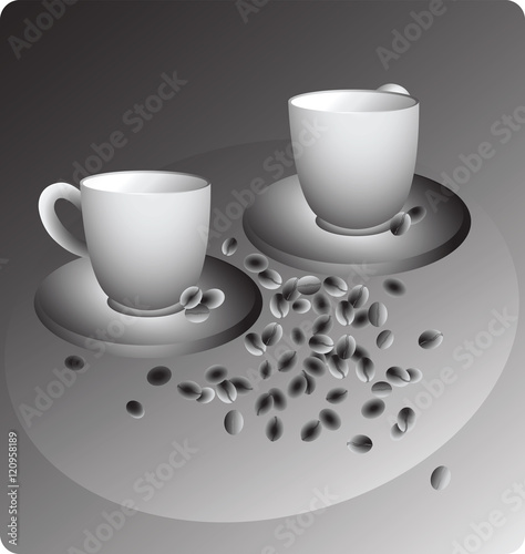 Two cups and coffee beans. Vector image on a gray gradient background.
