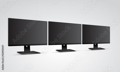 Three Computer Monitors Mockup with blank black screen