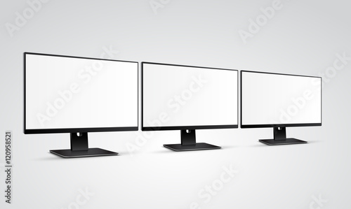 Three modern Computer Monitors Mockup with white blank screen