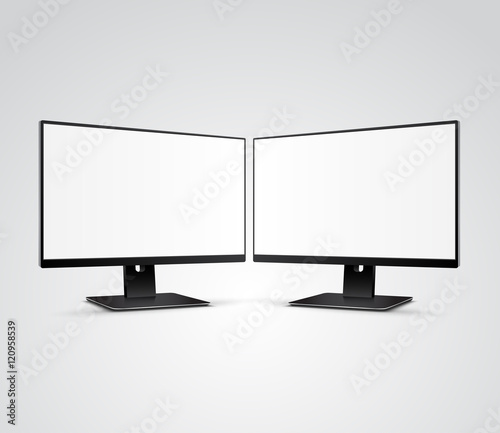 Two modern Computer Monitors Mockup with white blank screen on gray background