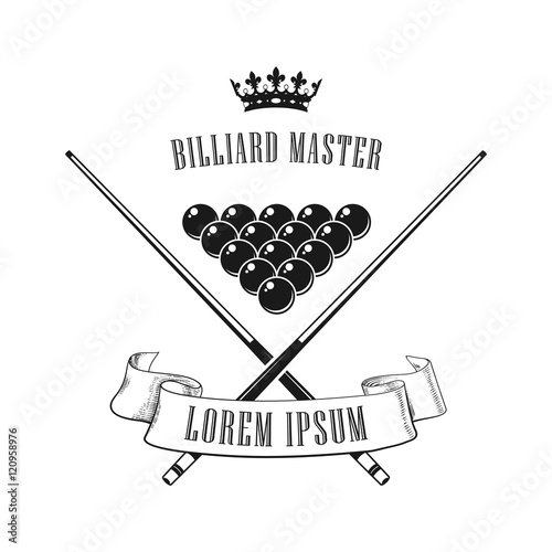 Logo for the billiard club. Sign, icon. Vintage logo for billiard club. Cue and balls.