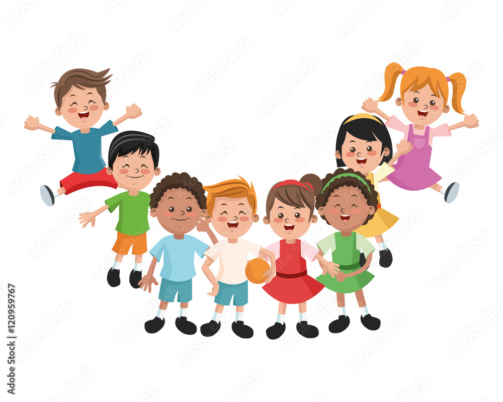 Group of happy girls and boys cartoon kids. Childhood student and happyness theme. Colorful design. Vector illustration