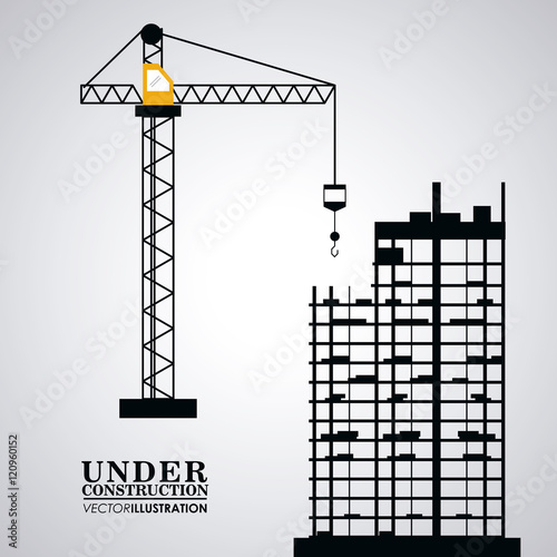 Crane and building icon. Under construction and repair theme. Isolated design. Vector illustration