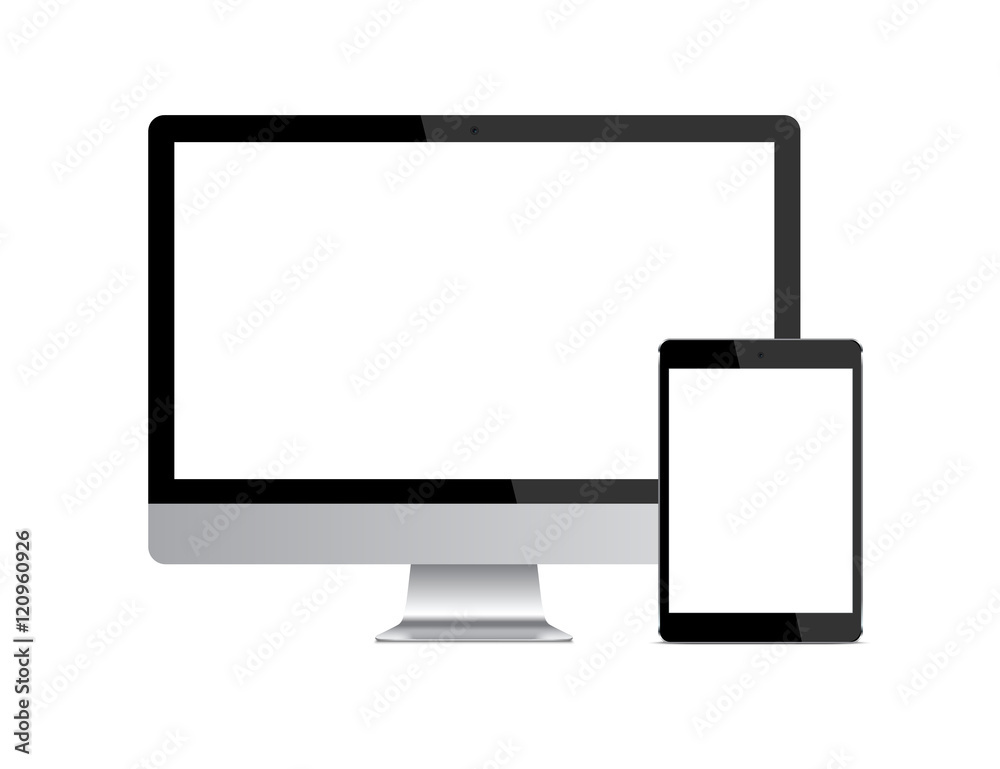 Tablet and all in one desktop Computer with white blank screen, Monitor mockup. Responsive web design template Tablet and all in one desktop Computer with white blank screen, Monitor mockup. Responsive web design template